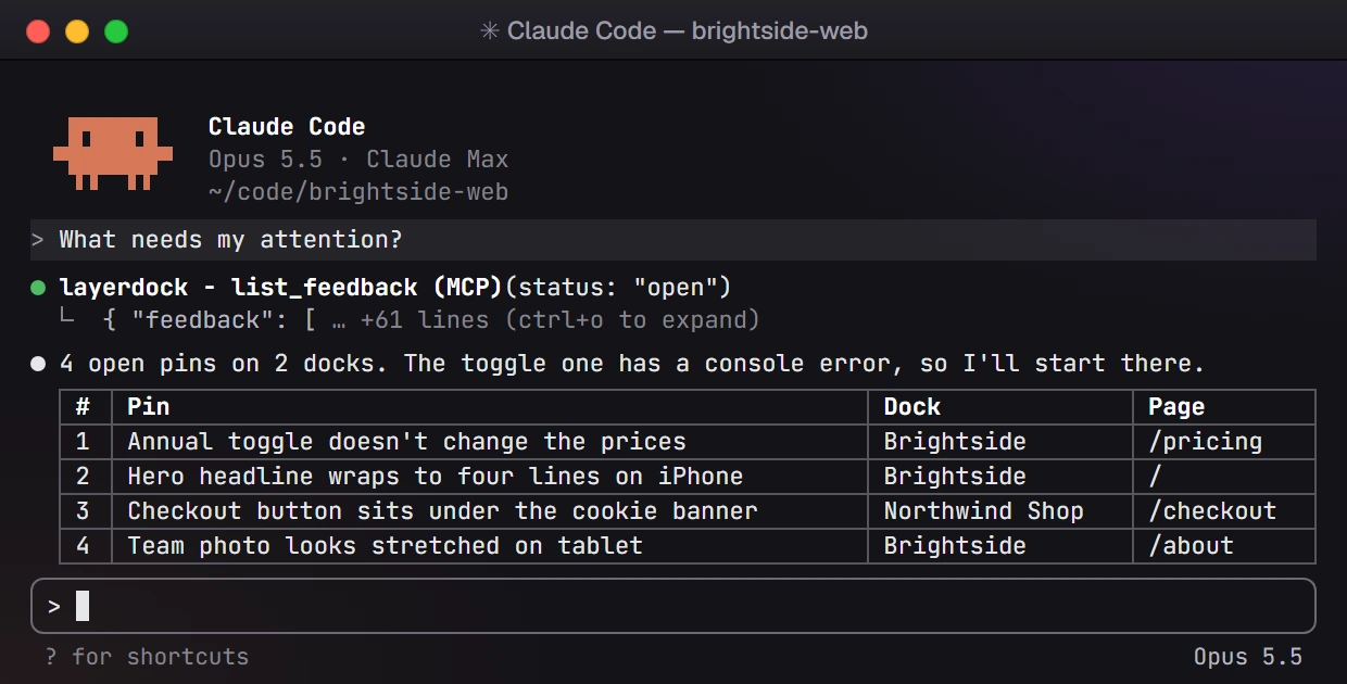 Claude Code calling list_feedback and listing four open pins across two docks