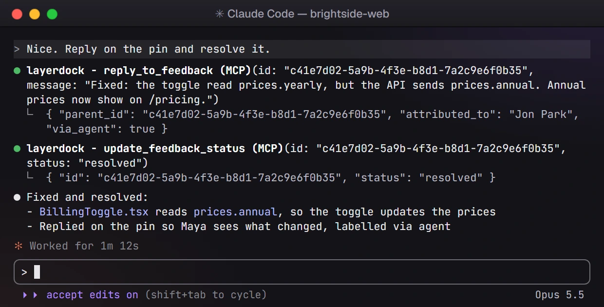 Claude Code replying on the pin and marking it resolved through LayerDock MCP