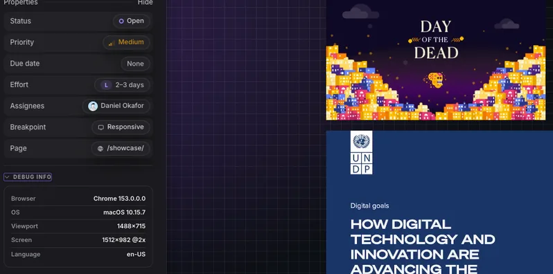 A pin's properties and debug info: browser, operating system, viewport and screen
