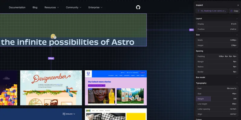 Inspect mode on a heading, with its layout, size and spacing in the side panel