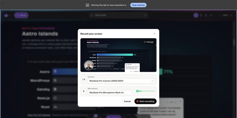 The screen recorder set up over a page under review, with camera and microphone chosen